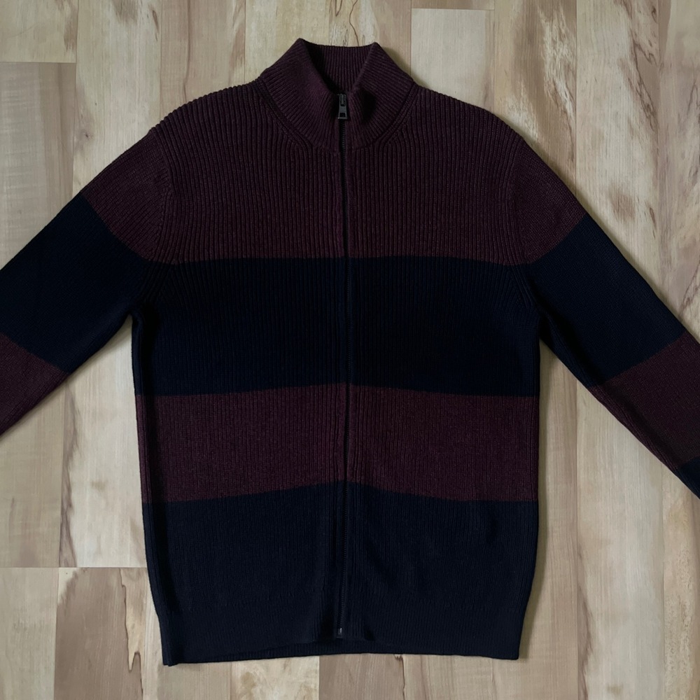 Michael Kors Sweater Men's Medium Rugby Stripes Burgundy Navy Blue Full Zip Knit